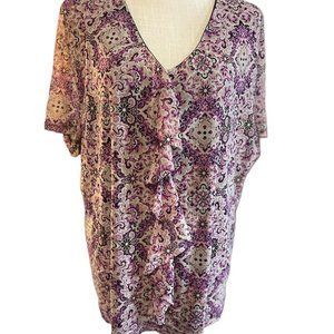 Croft & Barrow Blouse Pink Tan Floral Print Short Sleeve Top Ruffles V Neck